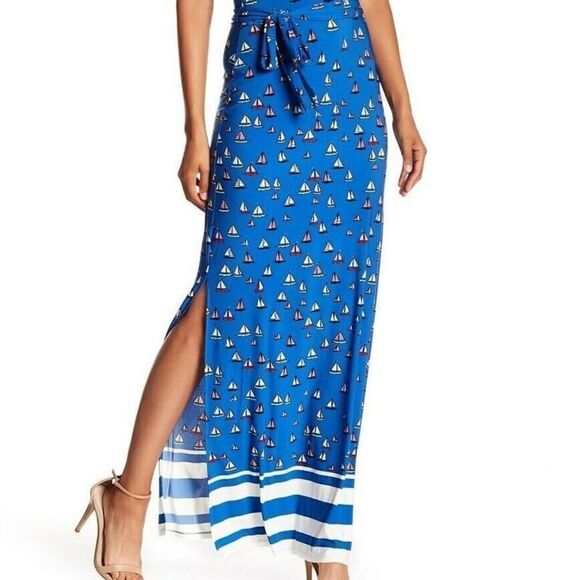 NWT Leota AHOY Sleeveless Surplice Neck Wrap Maxi Dress Sailboats Sz L 149296 - Picture 5 of 9